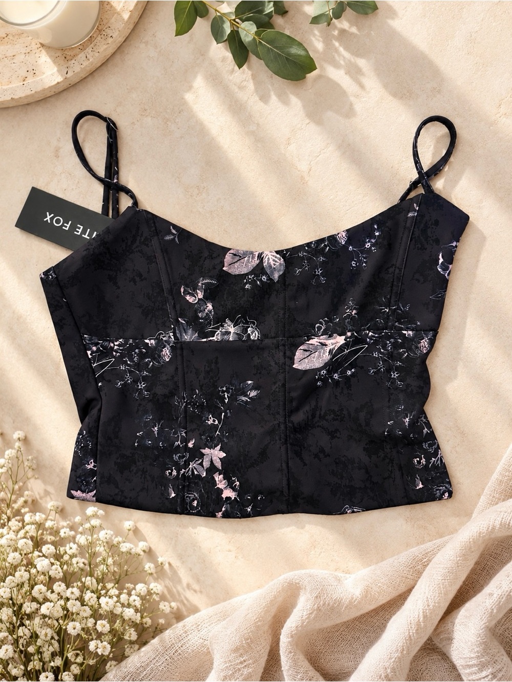 White Fox Boutique Black Floral Lace-Effect Cami Crop Top